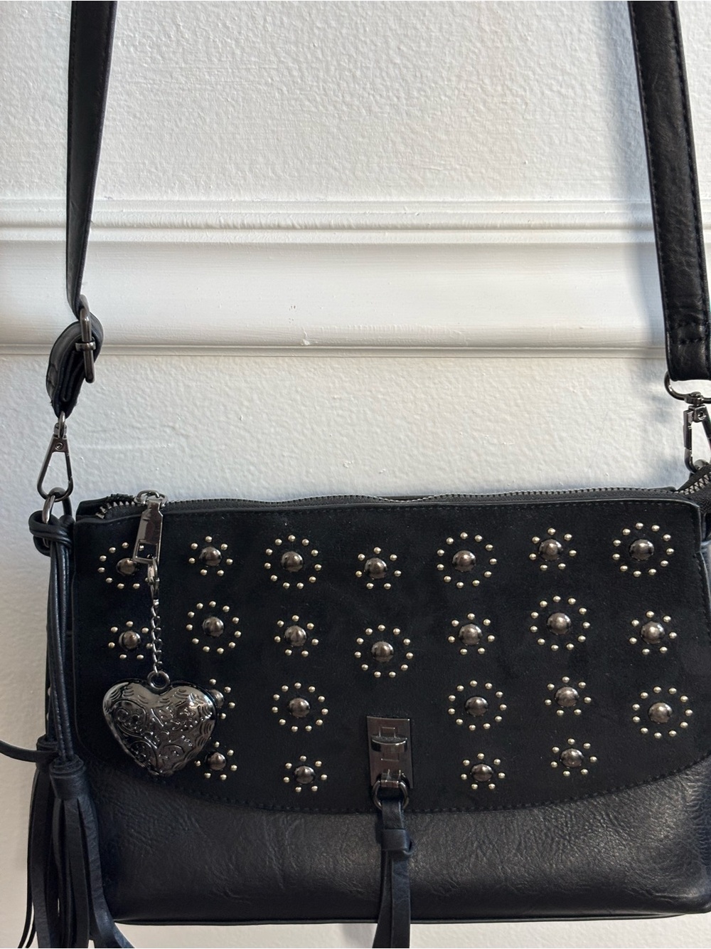 Black Studded Crossbody Bag with Heart Charm Accent